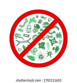 Stop spread virus sign. Cartoon germ characters isolated vector eps illustration on white background. Cute fly bacterium infection danger. Microbe viruses and diseases protection symbol