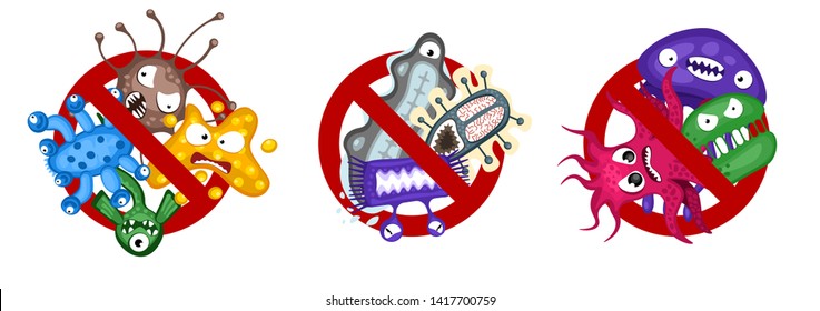 Stop spread virus symbol set. Cartoon germ characters isolated vector illustration on white background. Cute fly bacteria infection character. Microbe viruses and diseases protection