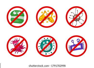 Stop spread virus symbol set. Cartoon germ characters isolated vector eps illustration on white background. Cute fly or bacteria infection character. Microbe viruses and disease protection