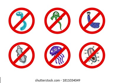 Detener el conjunto de símbolos de virus. Caracteres de gérmenes de dibujos animados que prohíben ilustración vectorial sobre fondo blanco. Carácter de peligro de infección por bacterias de mosca cutánea. Protección contra virus y enfermedades microbianas