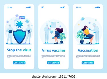 Stop the spread of the virus, vaccination and prevention. Flat 2D. Vector illustration mobile app.