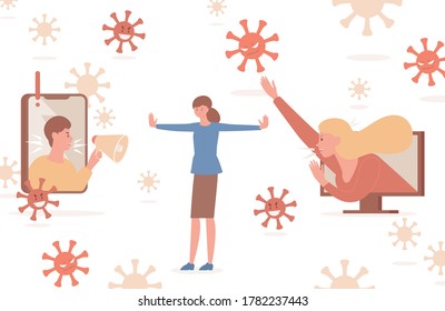 Stop Spreading Fake News And Hoax About Coronavirus Outbreak Vector Flat Illustration. Young Woman Trying To Stop People From Telling False News From Television And Internet.
