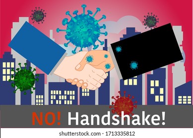 Stop spreading germs by handshake.A warning sign with two hands shaking with a wrong sign above.