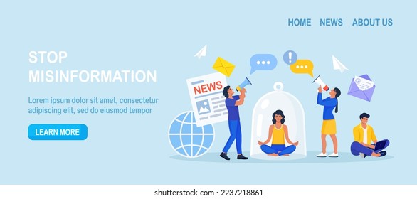 Stop spreading hoax and fake news. Young woman meditate under glass dome trying to stop false news from television, internet. Information noise, check spam. Online media, disinformation, propaganda