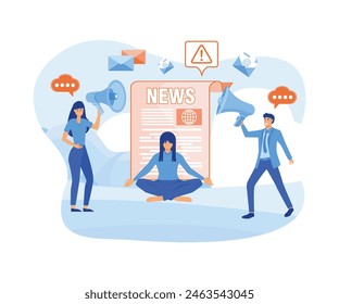 Stop spreading hoax and fake news. Young woman meditate under glass dome trying to stop false news from television, internet. flat vector modern illustration 