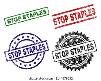 STOP STAPLES seal prints with corroded surface. Black, green,red,blue vector rubber prints of STOP STAPLES tag with retro texture. Rubber seals with circle, rectangle, medallion shapes.
