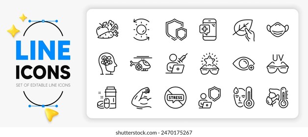 Stop stress, Best glasses and Vegetables line icons set for app include Farsightedness, Sick man, Shields outline thin icon. Fever, Medical helicopter, Medical drugs pictogram icon. Vector