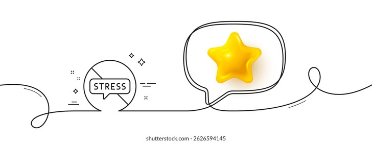 Stop stress line icon. Continuous line with 3d star. Anxiety depression sign. Mental health symbol. 3d star in speech bubble. Stop stress single line ribbon. Loop curve pattern. Vector