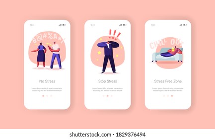 Stop Stress Mobile App Page Onboard Screen Template. Characters Need Professional Aid, People Fighting, Quarrel or Relaxing, Mental Disorder, Psychological Burnout Concept. Cartoon Vector Illustration