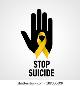 Stop Suicide Sign.  Black Hand With Yellow Ribbon On White Background