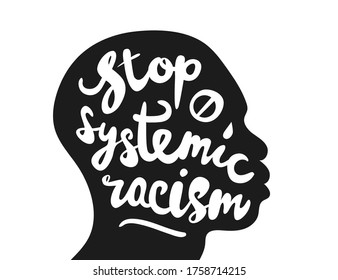 Stop systemic racism. Poster against the deaths of numerous other African Americans by police actions. Hand drawn calligraphic lettering in silhouette of abstract black man's head. Vintage graffiti.