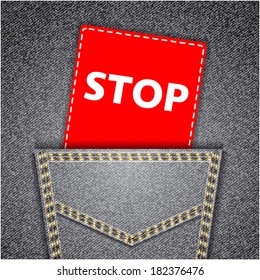 Stop tag. Black back jeans pocket realistic denim texture