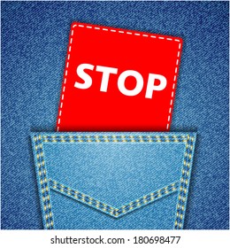 Stop tag. Blue back jeans pocket realistic denim texture