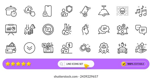 Stop talking, Car charging and Music line icons for web app. Pack of Dots message, Ceiling lamp, Engineering team pictogram icons. Cyber attack, Presentation, Brand ambassador signs. Vector