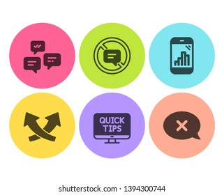 Stop talking, Graph phone and Web tutorials icons simple set. Chat messages, Intersection arrows and Reject signs. Do not talk, Mobile statistics. Technology set. Flat stop talking icon. Circle button