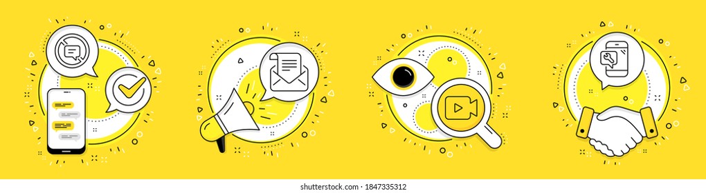 Stop talking, Mail newsletter and Video camera line icons set. Cell phone, megaphone and deal vector icons. Phone repair sign. Do not talk, Open e-mail, Movie or cinema. Spanner service. Vector