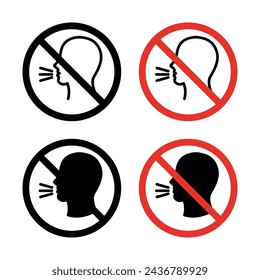 Stop Talking Sign Icon Set. Prohibited noise Silence and keep quiet vector symbol in a black filled and outlined style. Hush Now Sign.