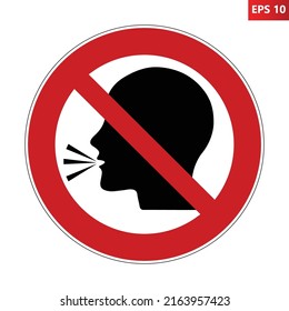 Stop talking sign. Vector illustration of red cross out circular sign with talking human head icon inside. Keep silence symbol isolated on white background. No talk. Do not open mouth.