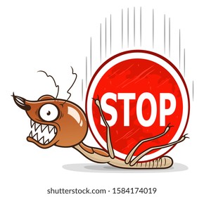 Stop termites illustration. Heavy stop sign fell down on a termite. Termites series.