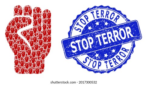 Stop Terror corroded round seal imitation and vector recursive mosaic clenched fist. Blue seal includes Stop Terror title inside round shape.