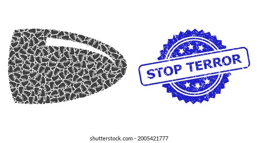 Detener la imitación del sello de goma del terror y la bala de mosaico recursivo vectorial. El sello azul contiene la leyenda Stop Terror dentro de rosette. El mosaico vectorial está diseñado para repetir iconos de bala rotados.