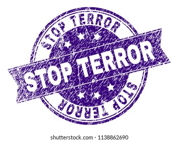 STOP TERROR stamp seal imprint with distress texture. Designed with ribbon and circles. Violet vector rubber print of STOP TERROR label with unclean texture.