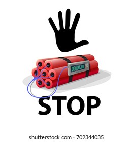 Stop terrorism. Stop bomb: Dynamite with black hand and the word STOP. Vector image