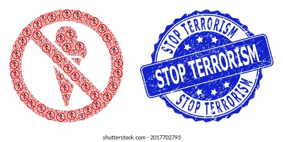 Stop Terrorism dirty round stamp and vector recursive composition forbidden ice-cream. Blue stamp contains Stop Terrorism title inside round shape.