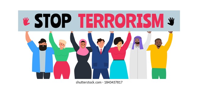 stop terrorism group of multicultural multiracial people holding banner placard vector illustration
