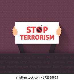 Stop Terrorism Illustration, Hands Hold Signboard Design
