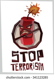 Stop terrorism, round emblem with angry evil bomb is crossed black line in triangle style, vector