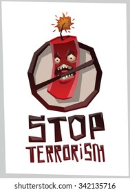 Stop terrorism, round emblem with angry evil bomb is crossed black line in triangle style, vector