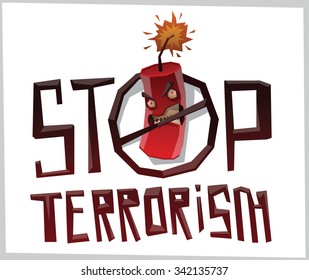 Stop Terrorism, Round emblem with angry evil bomb crossed by black line a letter O in word STOP, vector