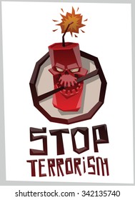 Stop terrorism, round emblem with angry death bomb is crossed black line in triangle style, vector