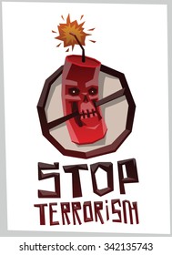 Stop terrorism, round emblem with angry death bomb is crossed black line in triangle style, vector