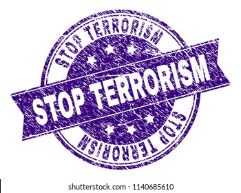 STOP TERRORISM stamp seal watermark with grunge texture. Designed with ribbon and circles. Violet vector rubber print of STOP TERRORISM label with dust texture.