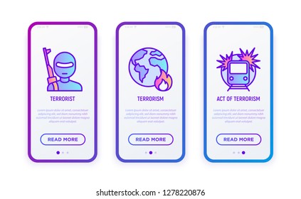 Stop terrorism thin line icons set: terrorist and bomb in train. Modern vector illustration for user mobile interface.
