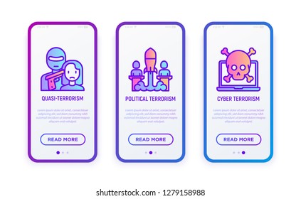 Stop terrorism thin line icons set: terrorist with hostage, political terrorism, cyber attacks. Vector illustration for user mobile interface.