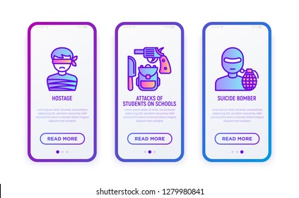 Stop terrorism thin line icons set: hostage, backpack, knife, weapon, bomber. Vector illustration for user mobile interface.