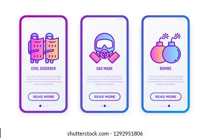 Stop Terrorism Thin Line Icons Set: Civil Disorder, Gas Masks, Bombs. Vector Illustration For User Mobile Interface.