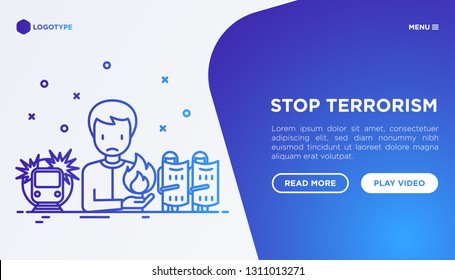 Stop terrorism web page template with thin line icons: national army, bomb attack. Vector illustration.