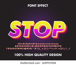 efecto de texto detener el color púrpura y amarillo conjunto completo alfabeto, número y símbolo. para el signo de detención, la etiqueta, el título y el título. vector premium