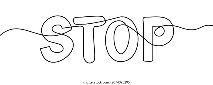 Detener texto en un plano de línea. Fondo de dibujo de una línea. Dibujo continuo de línea del signo de parada. Ilustración vectorial.