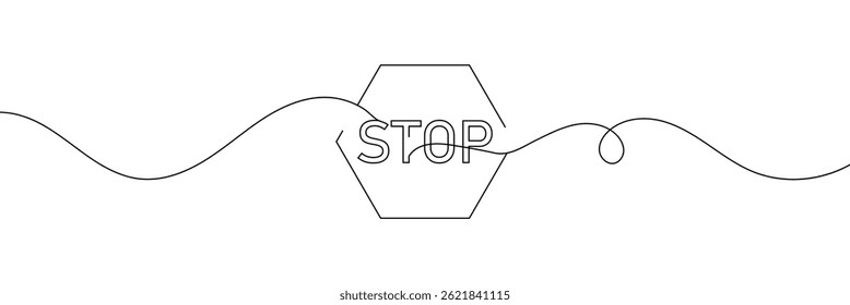 Stoppt Text in einer Zeilenzeichnung. Eine Zeile Zeichnungshintergrund. Endlosstrichzeichnung des Stoppschilds. Vektorgrafik. EPS 10