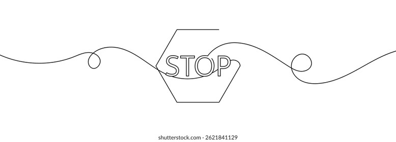 Parar texto em um desenho de linha. Plano de fundo do desenho de uma linha. Desenho de linha contínua do sinal de parada. Ilustração vetorial. EPS 10