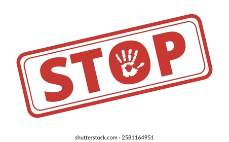 Stop textured rectangular stamp with hand symbol red ink vector format scalable