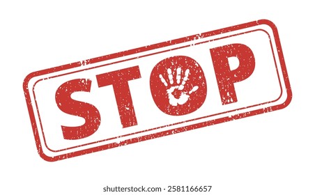 Stop textured rectangular stamp with hand symbol red ink vector format scalable vintage