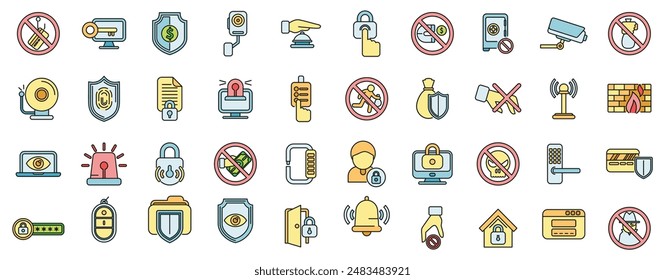 Stop theft icons set outline vector. Anti terrorist. Hacker attack thin line color flat on white