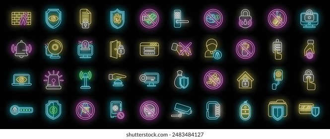 Stop theft icons set outline vector. Anti terrorist. Hacker attack neon color on black