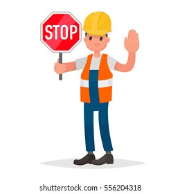 Stop. There is no road. Road builder, adjuster shows a road sign and hand gesture. Vector illustration in a flat style